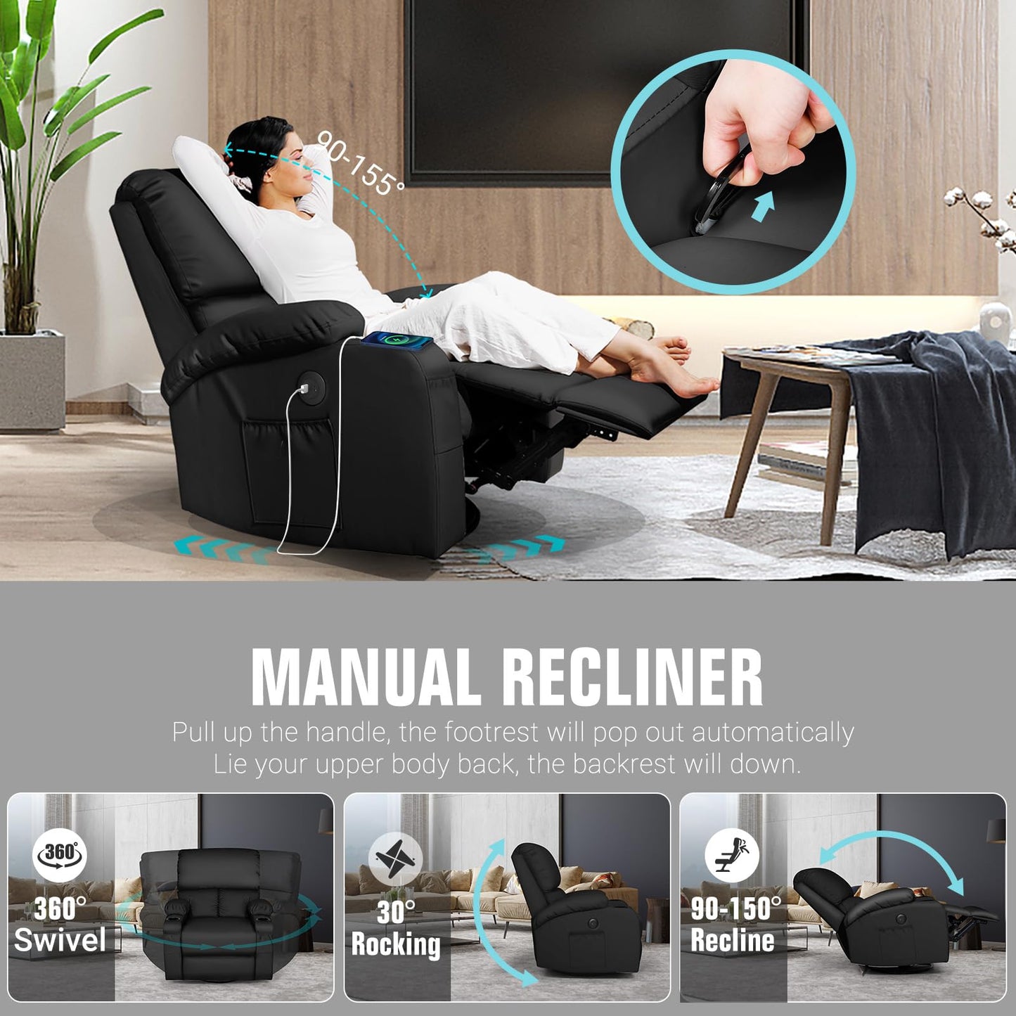 LAFWELL Rocking Recliner Chair, Massage Rocker Recliner Chair with Vibration Massage and Heat, USB and Type-C Ports,360° Swivel Faux Leather Chairs, Living Room, Bedroom, Nursery, RV, Black