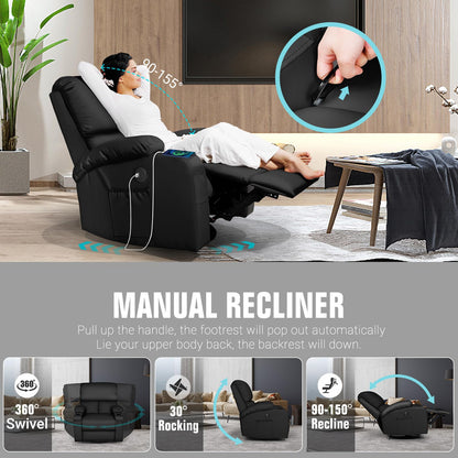 LAFWELL Rocking Recliner Chair, Massage Rocker Recliner Chair with Vibration Massage and Heat, USB and Type-C Ports,360° Swivel Faux Leather Chairs, Living Room, Bedroom, Nursery, RV, Black