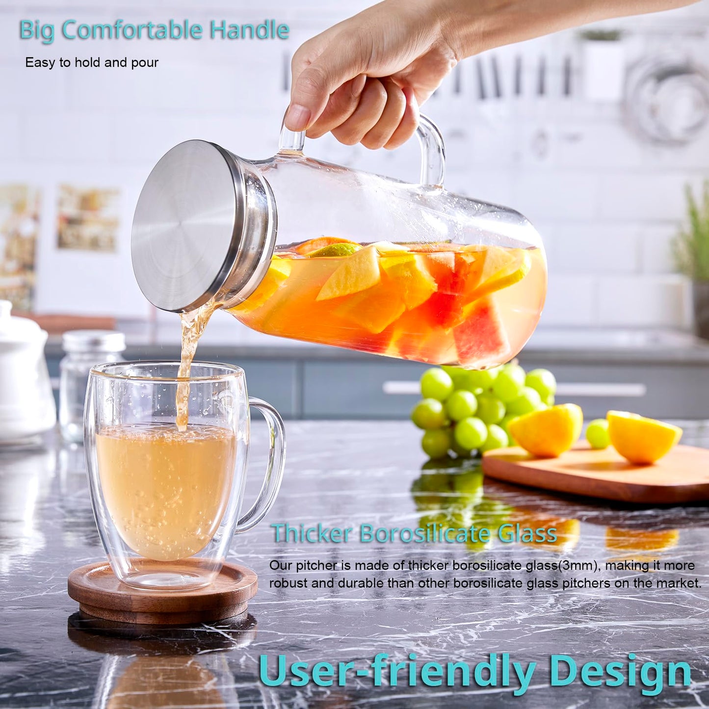 Bivvclaz 1.2 Liter 40 oz Small Glass Pitcher with Lid and Handle, Glass Carafe for Hot/Cold Water, Iced Tea Jug for Coffee, Juice and Homemade Beverage