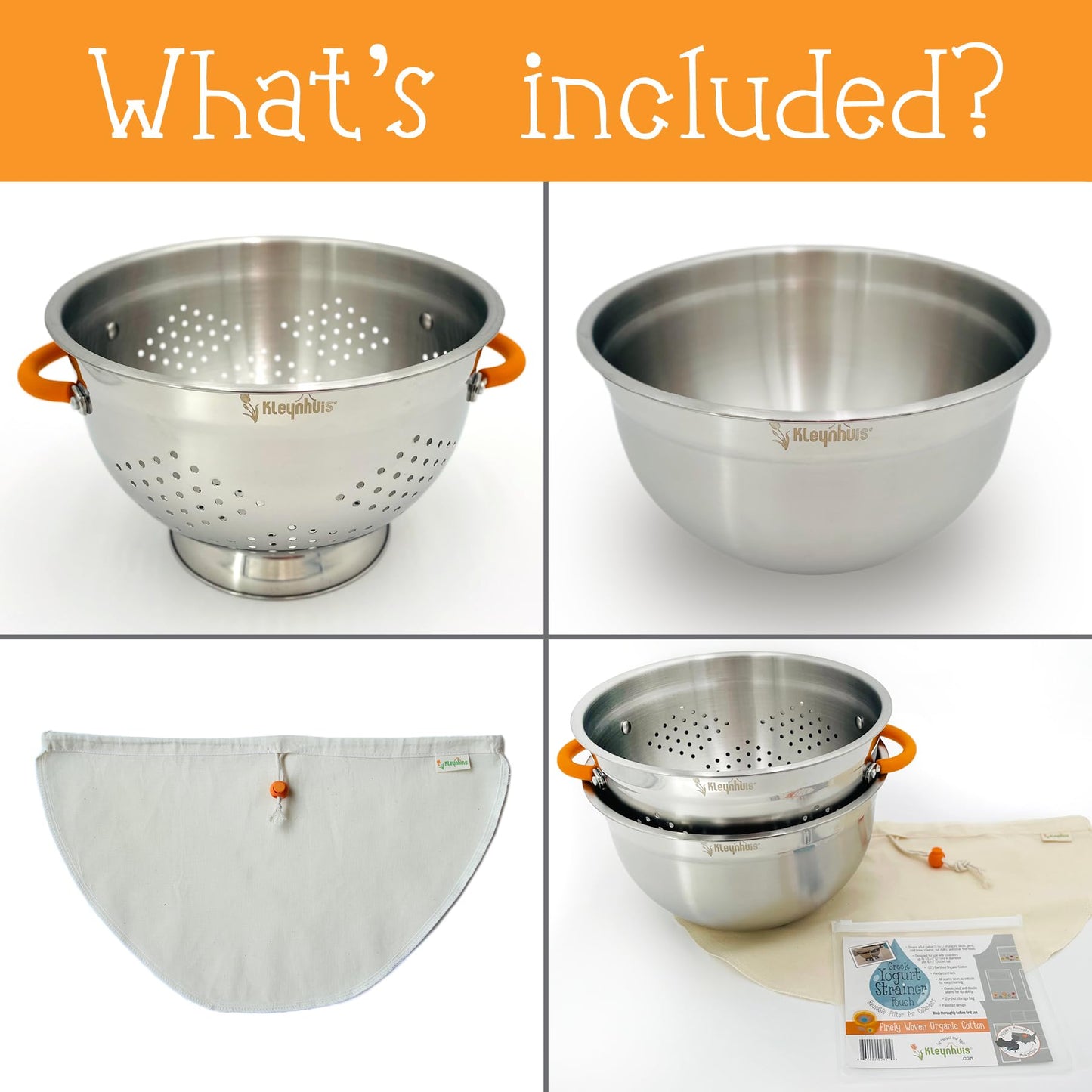 Kleynhuis Greek Yogurt Strainer Set: Stainless Steel Colander & Bowl with Organic Cotton Strainer Pouch | Premium Greek Yogurt Maker, Large 5-Quart Size