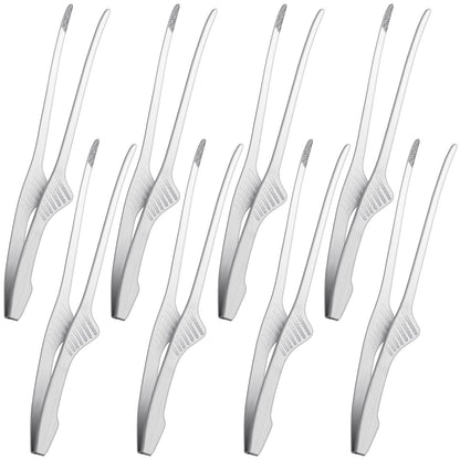 Patelai 8 Pieces Korean and Japanese BBQ Tongs Non Slip Cooking Utensils Stainless Steel Tongs for Serving Food, Salad, Camping, Barbecue, Buffet, Oven with Support Stand (Silver)
