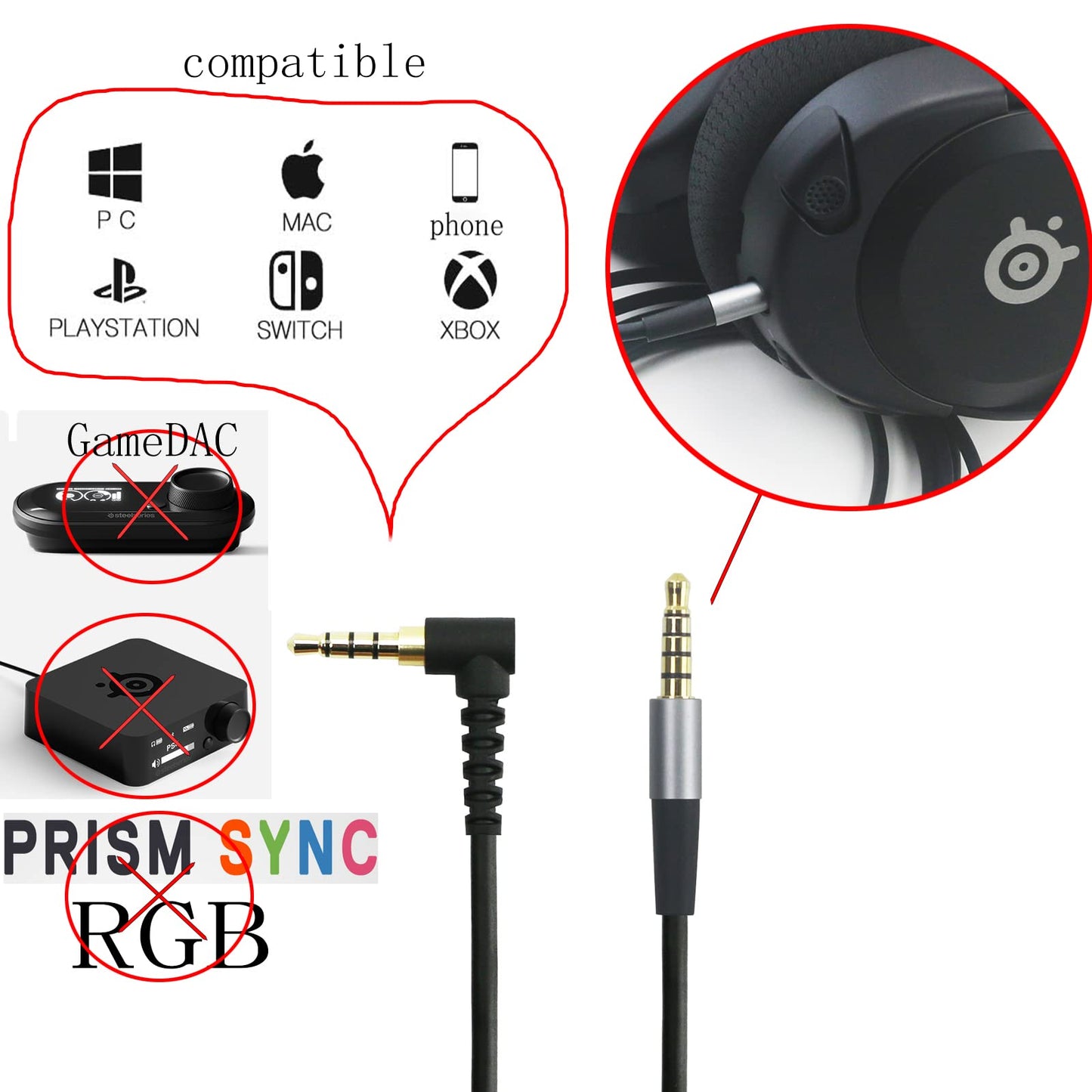 NewFantasia Replacement Audio Cable 3.5mm 5 Pole Male Cord Compatible with SteelSeries Arctis Nova 1, 1X, Pro, 7, 7X, 1P Gaming Headset 2meters 6.6feet