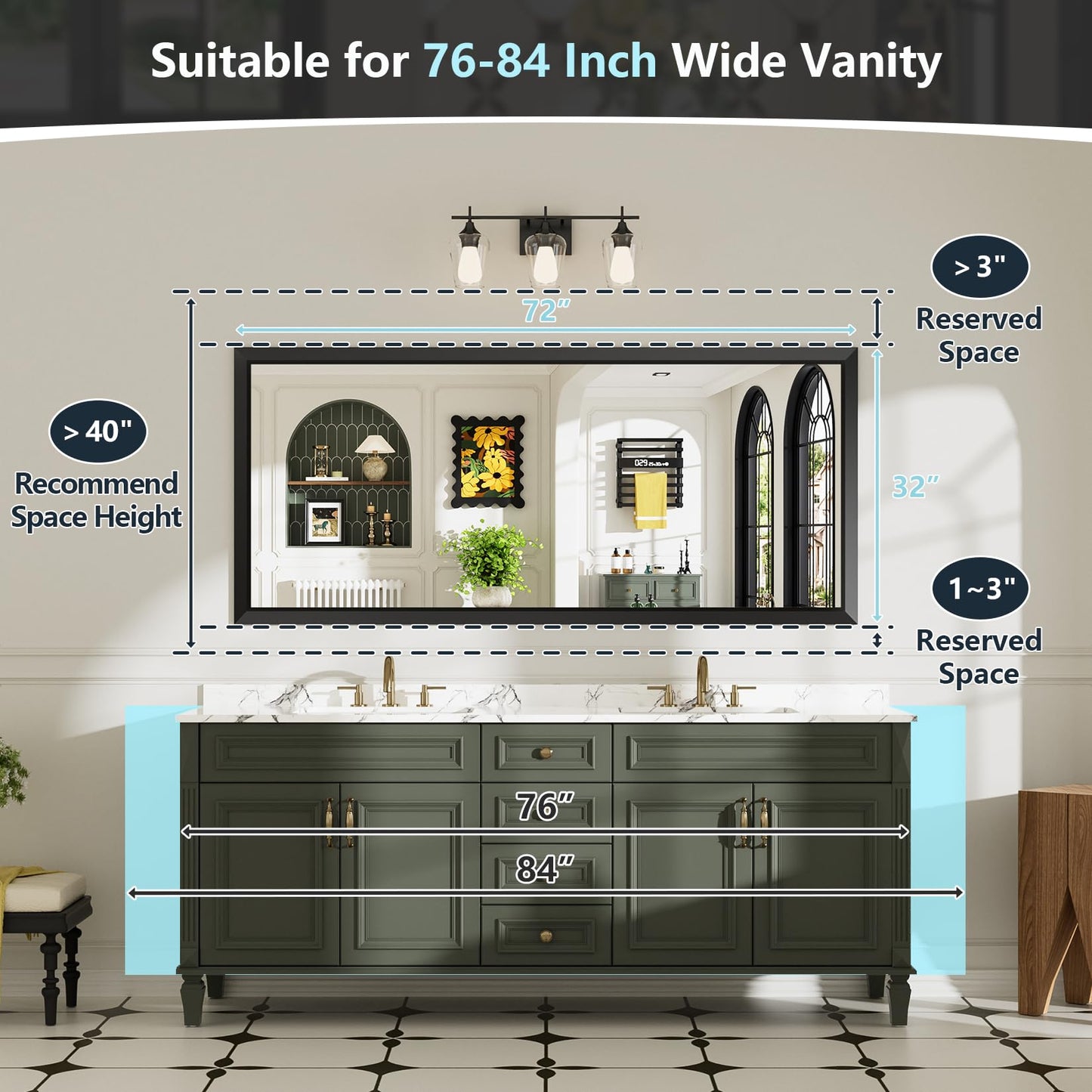 AWANDEE 72x32 Inch Black Bathroom Mirror for Wall, Beveled Framed Rectangle Bathroom Vanity Mirrors for Over Sink, Bedroom, Living Room, Entryway, Anti-Rust, HD Tempered Glass, Horizontally/Vertically