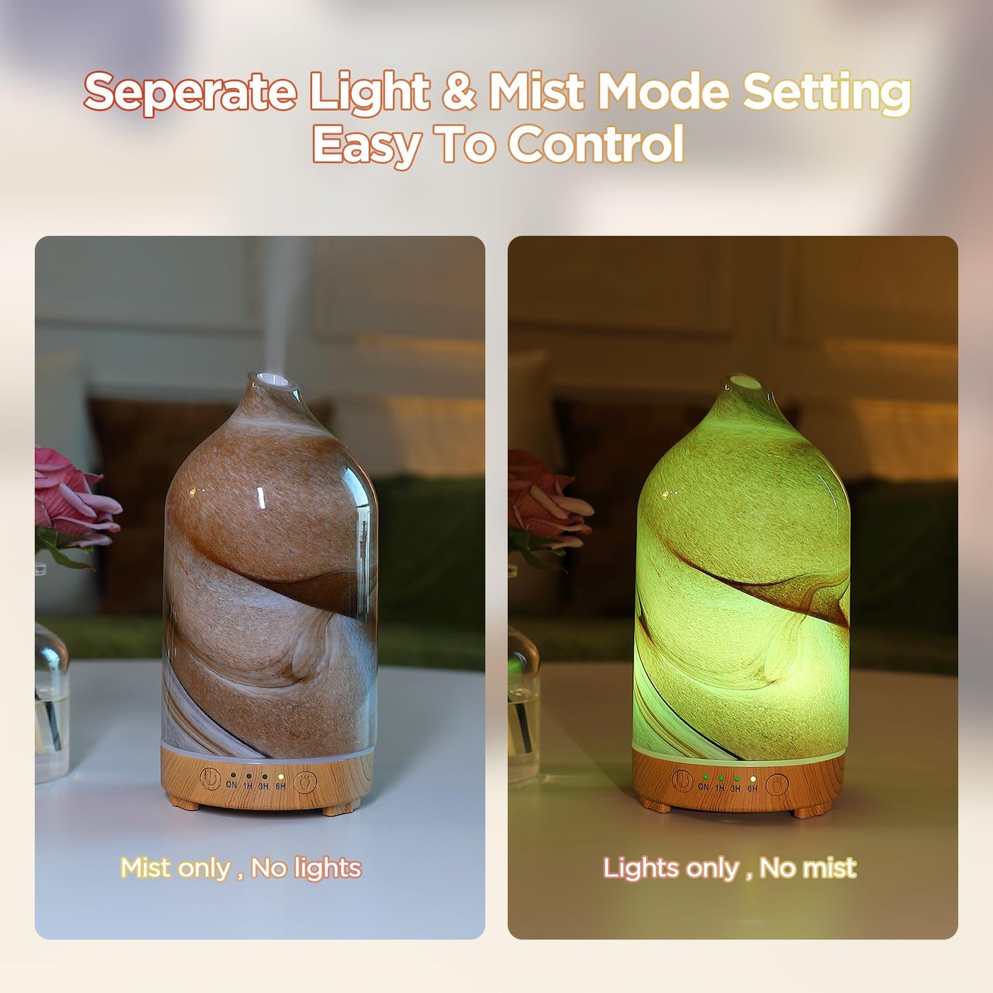 Essential Oil Diffuser Hand Blown Glass Aromatherapy Diffuser - Ultrasonic Cool Mist Scent Aroma Diffuser, Whisper Quiet with Auto Shut-Off, Timer Setting &7 Colors Night Light for Home