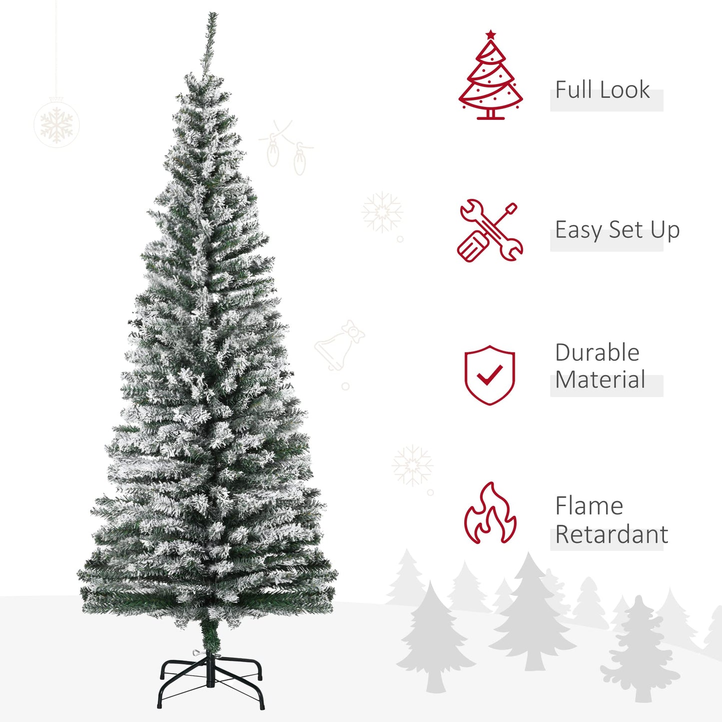 HOMOM 6ft Flocked Christmas Tree, Pencil Artificial Xmas Tree with Faux Snow, Dense Branches, Foldable Metal Base for Indoor Holiday Decor