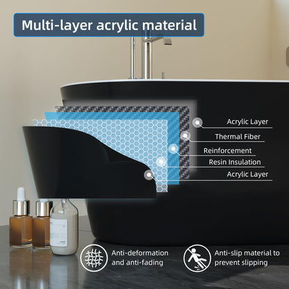 59" Free Standing Tub, Acrylic Soaking Bathtub, Stand Alone Freestanding Tub with Matte Sliver Drain and Overflow, Contemporary Bathtub for Bathroom, Black