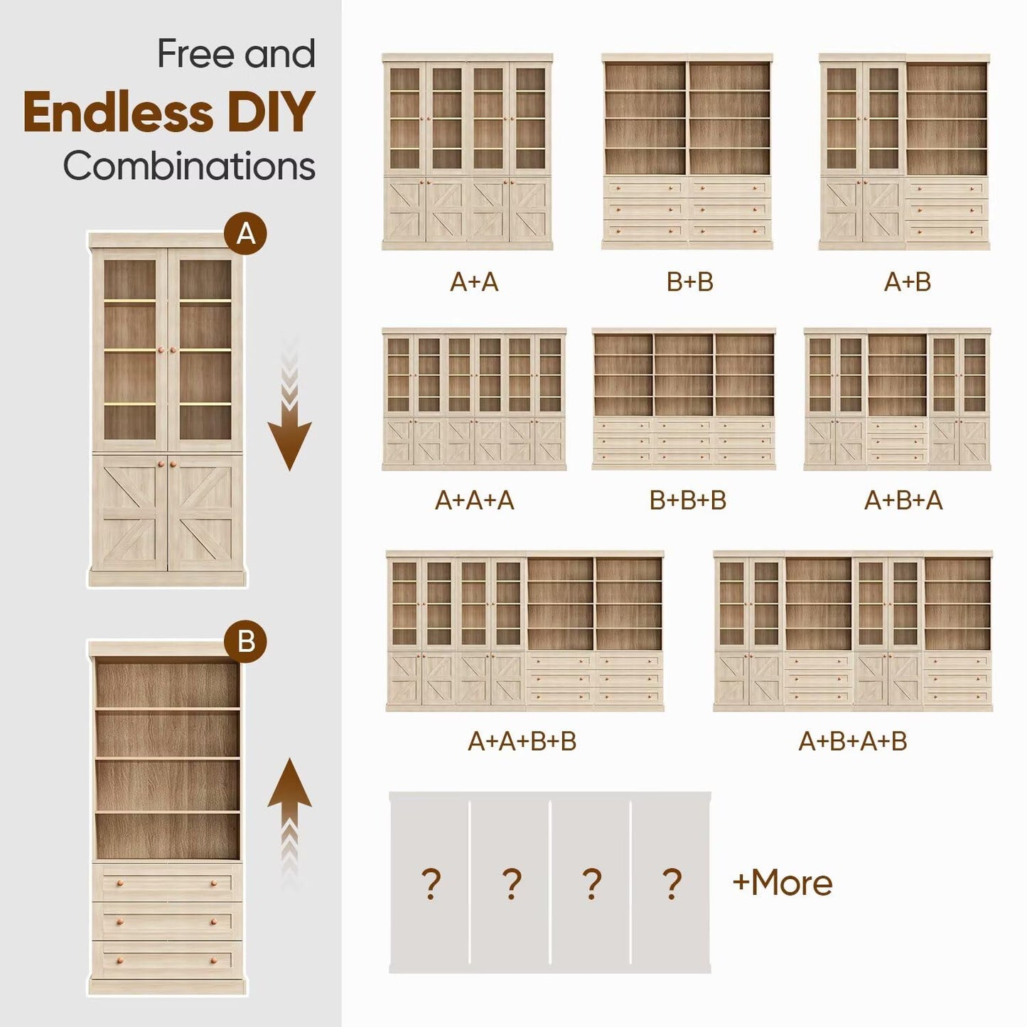ivaniti 71" Farmhouse Bookcase with Glass Doors & Drawers, Tall Wooden Storage Cabinet with Adjustable Shelves for Living Room, Kitchen, Home Office, Dining Room – Rustic Brown, Set of 4