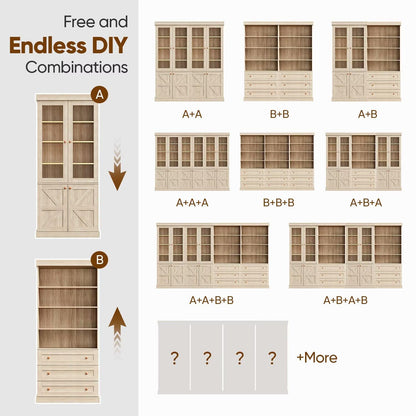 ivaniti 71" Farmhouse Bookcase with Glass Doors & Drawers, Tall Wooden Storage Cabinet with Adjustable Shelves for Living Room, Kitchen, Home Office, Dining Room – Rustic Brown, Set of 4