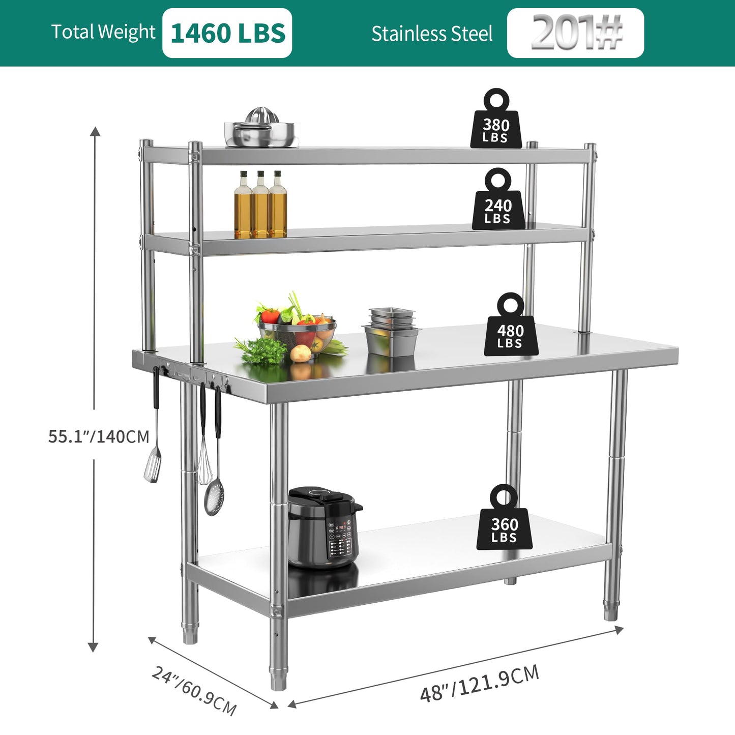 YITAHOME NSF Stainless Steel Table with Overshelves, 48" X 24" Work Table with 48" X 12" Shelf, Metal Table Prep Table for Home Kitchen Restaurant Garage Warehouse