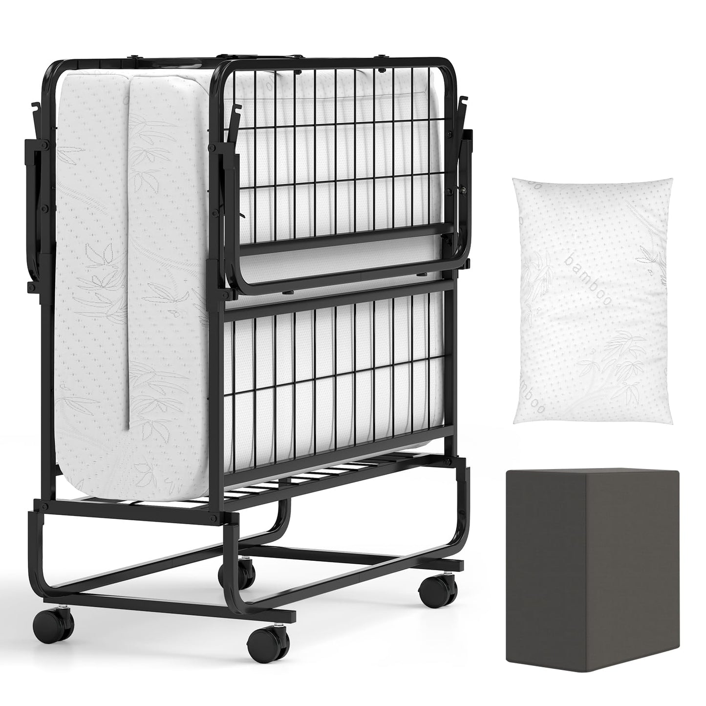Giantex Twin Folding Bed with 5 Inch Mattress, Rollaway Guest Bed with Top Pillow, Storage Pocket & Metal Frame, Space-Saving Fold up Beds, Portable Roll Away Beds for Adults, 75" x 39"