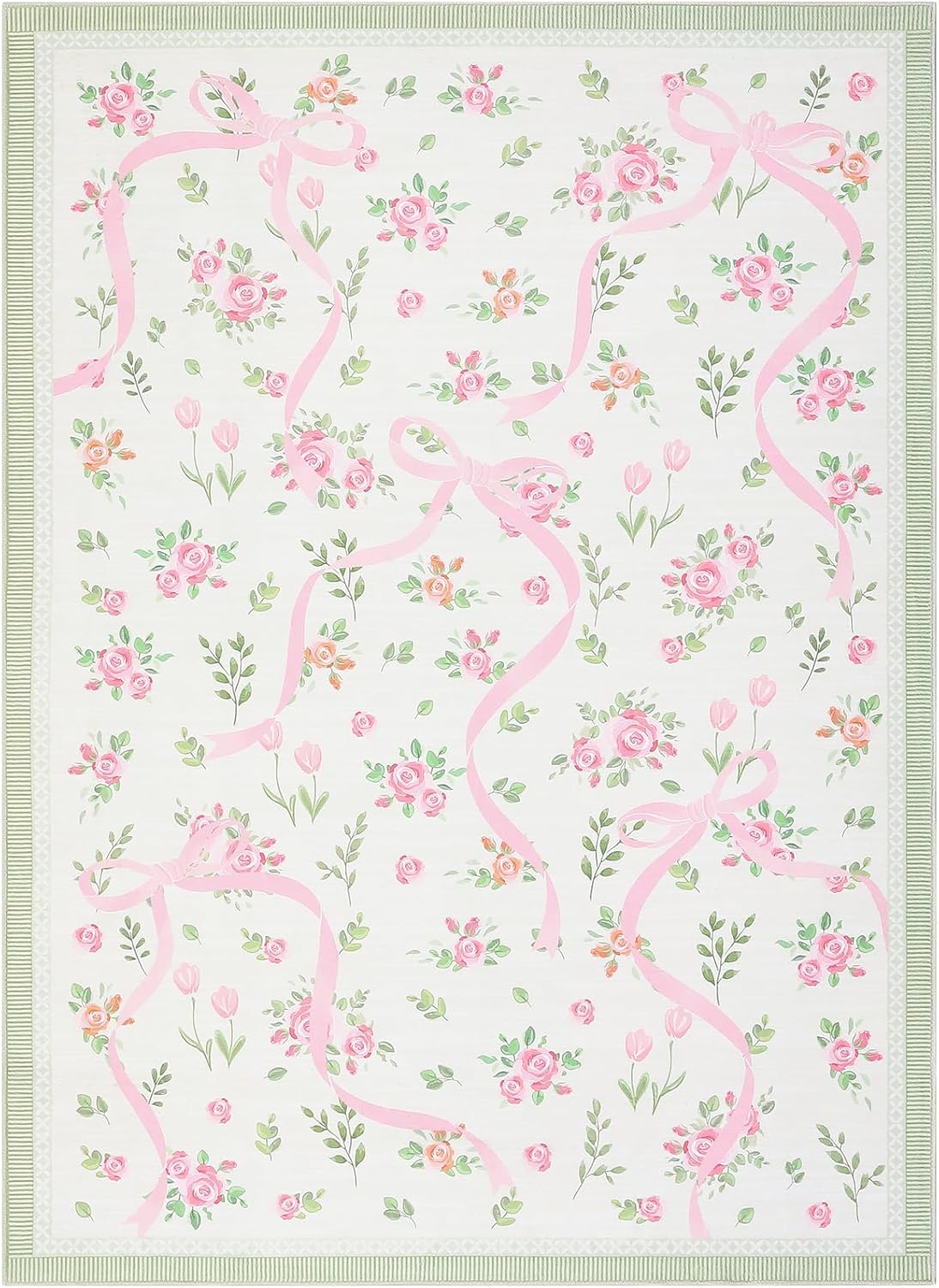 4x6 GarveeHome Coquette Pink and Green Bow Rugs for Bedroom Girls, Rug for Living Room with Soft Low Pile, Floral