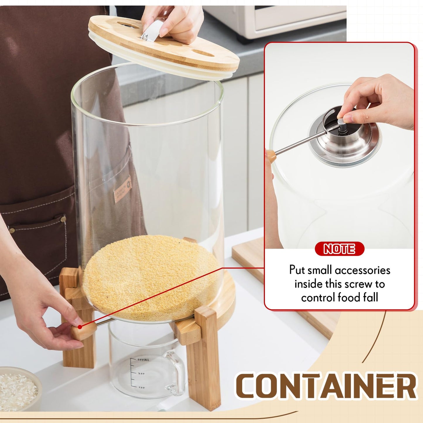 Tioncy 8L Flour and Cereal Glass Container Rice Oatmeal Dispenser Storage Container Cereal Food Storge Container with Airtight Lid Wooden Stand and Measuring Cup for Kitchen Organization Pantry Store