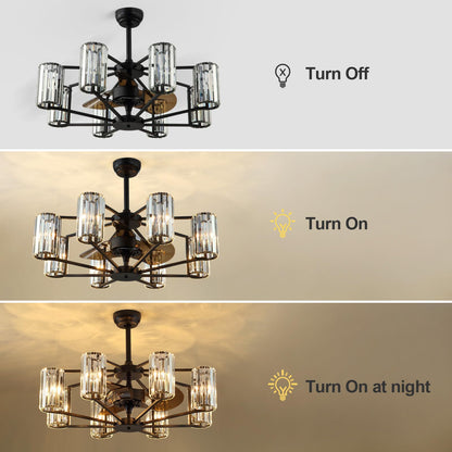 MOOONICHE Crystal Chandelier Ceiling Fan Vintage Fandelier Luxury Caged Ceiling Fan with Light and Remote for Dining Room Living Room Bedroom Kitchen Farmhouse Entry, Black, Dia 34 inch, 8 Lights