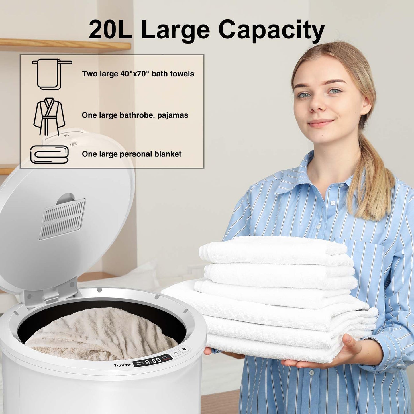 Ultra Large Capacity Towel Warmer Bucket, Rapid Heating with Timer, One-Button Digital Display Control, Safety Lock, Gifts for Him & Her, Auto Shut-Off, Fits 2 Large, Blankets, Bathrobes, PJ's