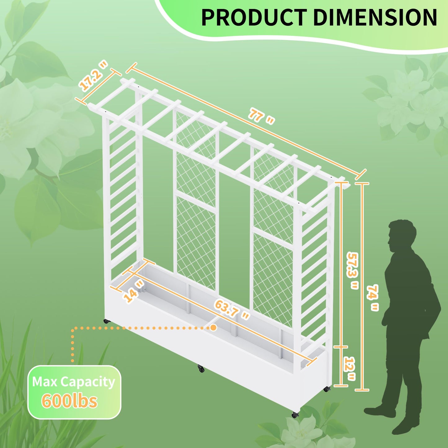 Sunnibety Raised Garden Bed with Trellis & Hanging Roof, Weatherproof Metal Planter Box with Wheels, Garden Arch Trellis for Outdoor Climbing Plants Vines Flowers, 74" H x 77" L x 17" W, White