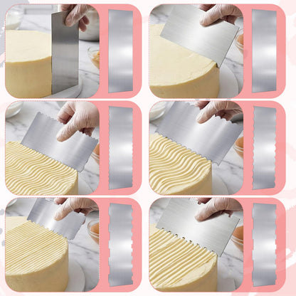 KongTiva 6 Pcs Stainless Steel Cake Scraper, Large Double Sided Patterned Edge Stripe Edge Smoother Scraper 10 Inch & 9 Inch Cake Decorating Comb Metal Pastry Cutter for Butter Mousse Cream Decoration