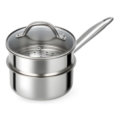 Ohtomber Stainless Steel Sauce Pan - Tri-Ply 1.5 Quarts Steamer for Cooking, Small Cooking Pot with Steamer Basket, Sauce Pan with Lid, Non Stick Saucepan, Induction Steam Pot for Vegetable, Oatmeal