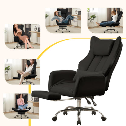 Ergonomic Cloud Cross Legged Office Chair with Footrest,Leather Big and Tall Executive Chair with Wheels,Reversible Armrest,155° Reclining Computer Wide Desk Chair for Home,Office (Black)