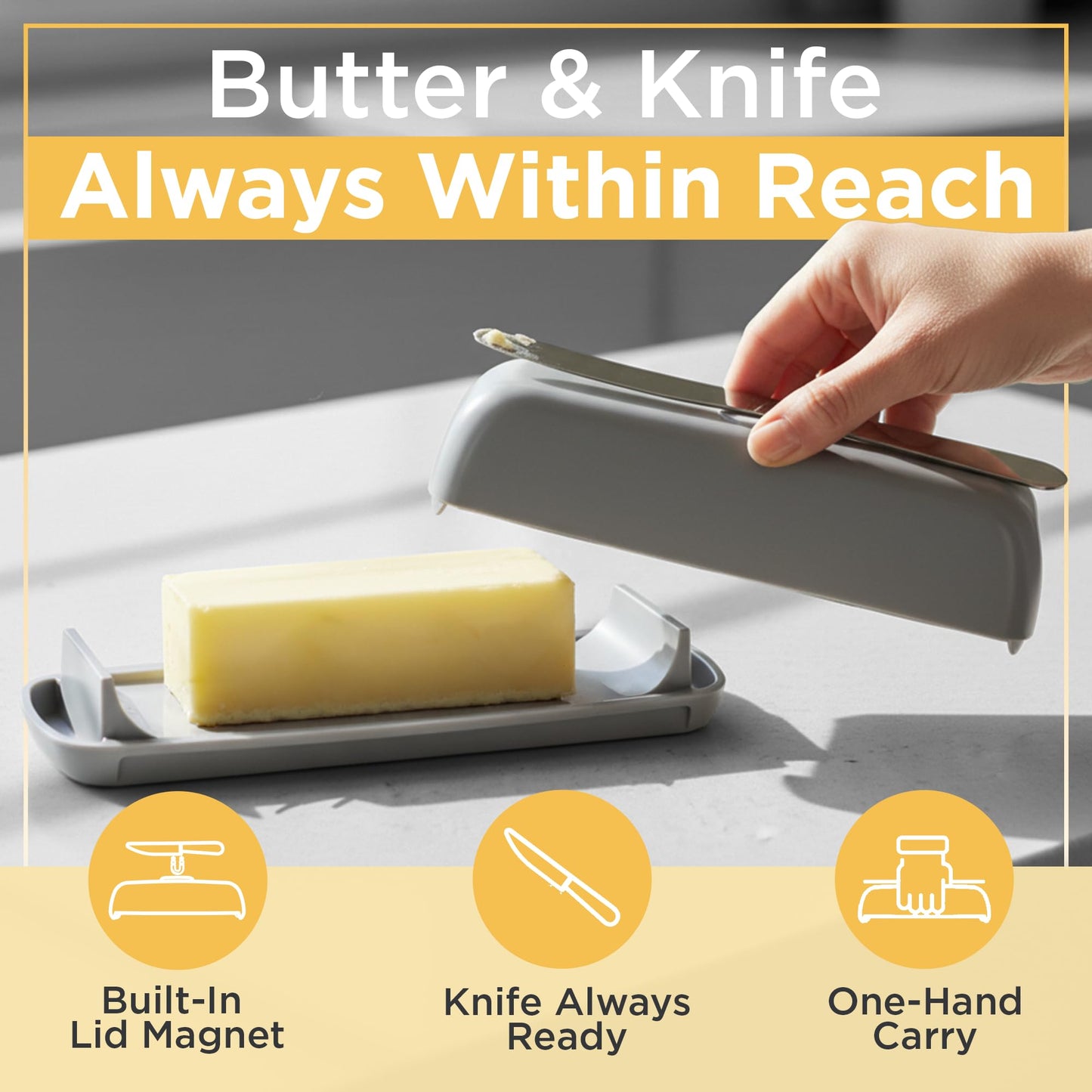 Butter Hub Plastic Butter Dish with Lid and Knife - Mothers Day Gift, Covered Dish Keeper with Magnetic Knife Holder, Easy Scoop, No Mess Lid Container, Dishwasher Safe, BPA-Free - Black, US Regular