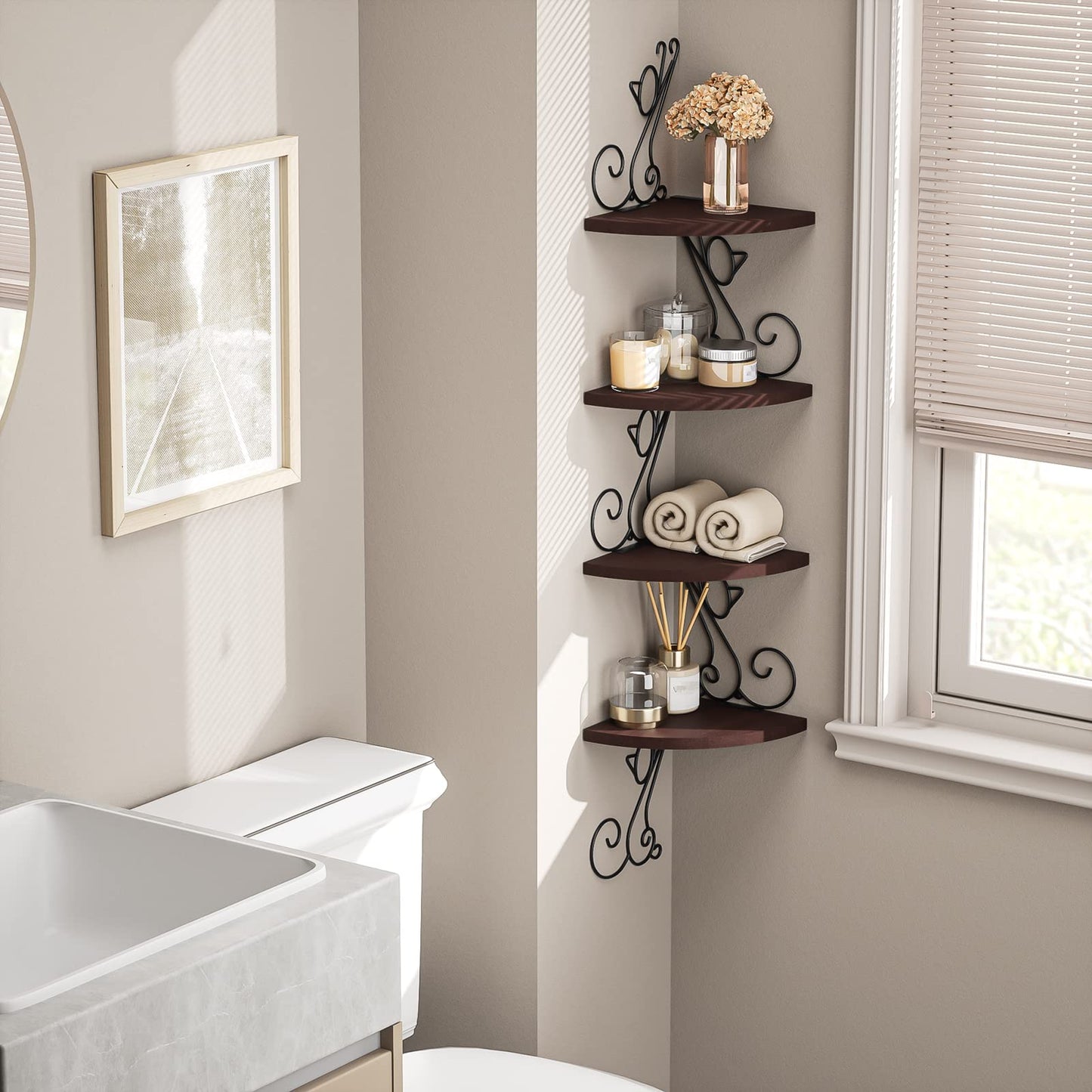 Alsonerbay Corner Shelf Wall Mount, 4 Tier Floating Shelves for Wall, Easy-to-Assemble Wall Shelves Rustic Wood Decor for Bedroom Living Room Bathroom Kitchen Office, Walnut Finish