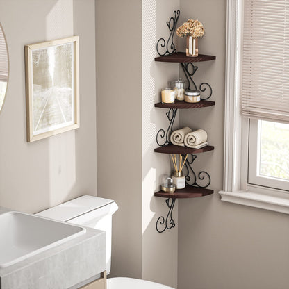 Alsonerbay Corner Shelf Wall Mount, 4 Tier Floating Shelves for Wall, Easy-to-Assemble Wall Shelves Rustic Wood Decor for Bedroom Living Room Bathroom Kitchen Office, Walnut Finish