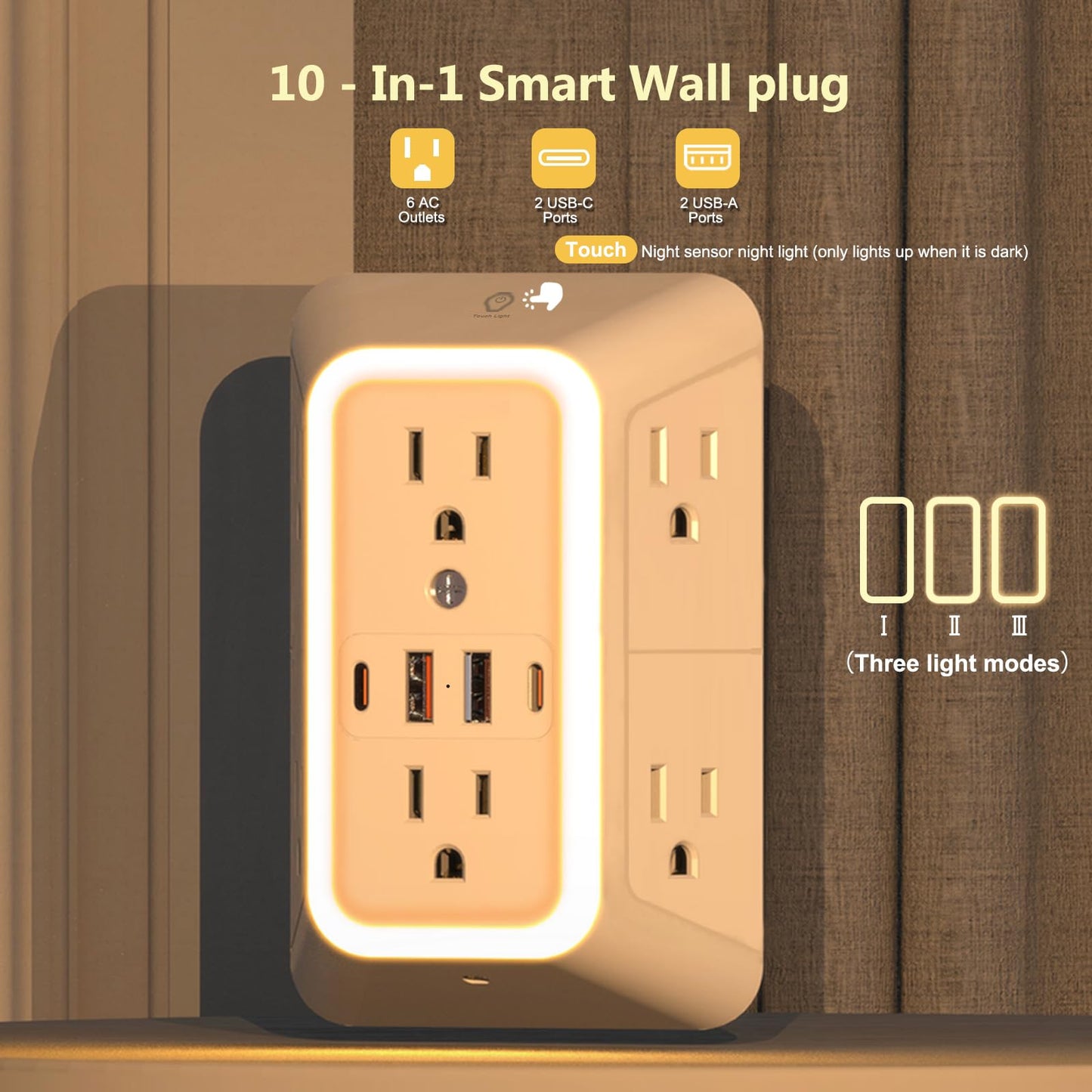 Wall Outlet Extender with Night Light, Power Plug Adapter 6 Outlet Extender with 4 USB Charging Ports 1050J Power Strip Multi Plug Adapter Spaced for Home Travel Office (2U2C)