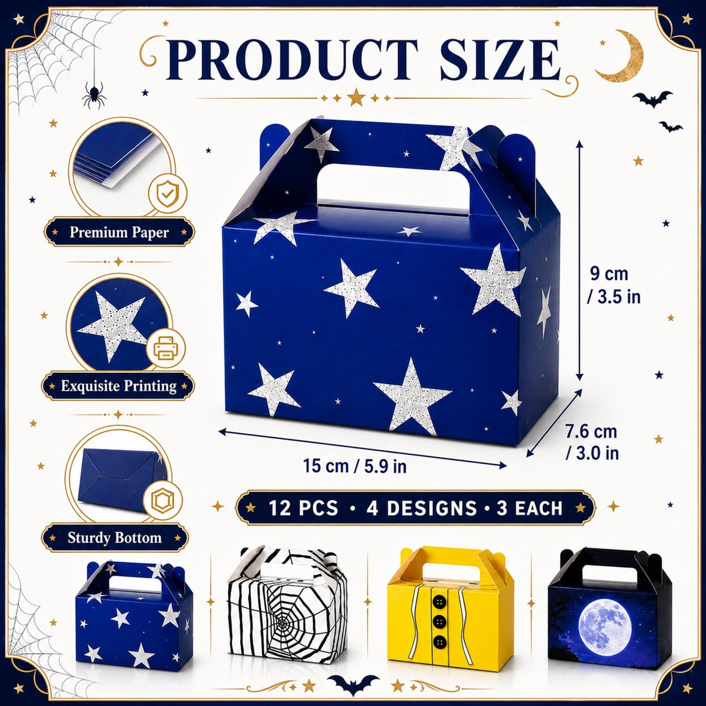 12 Pcs Spooky Themed Party Favor Boxes Cartoon Movie Theme Treat Paper Boxes Spider Star Moon Button Paper Box Halloween Supplies Spider Birthday Themed Favor Box for Celebration Party Supplies
