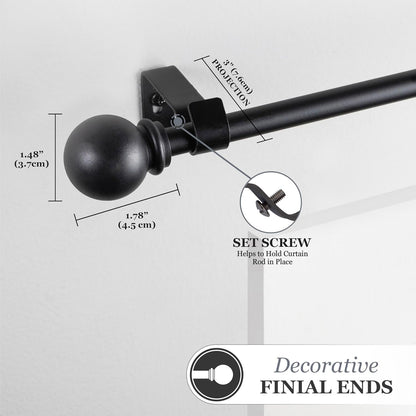 Kenney Chelsea Ball End Window Curtain Rod, Adjustable 28 to 48 Inches, Extendable Set, Black