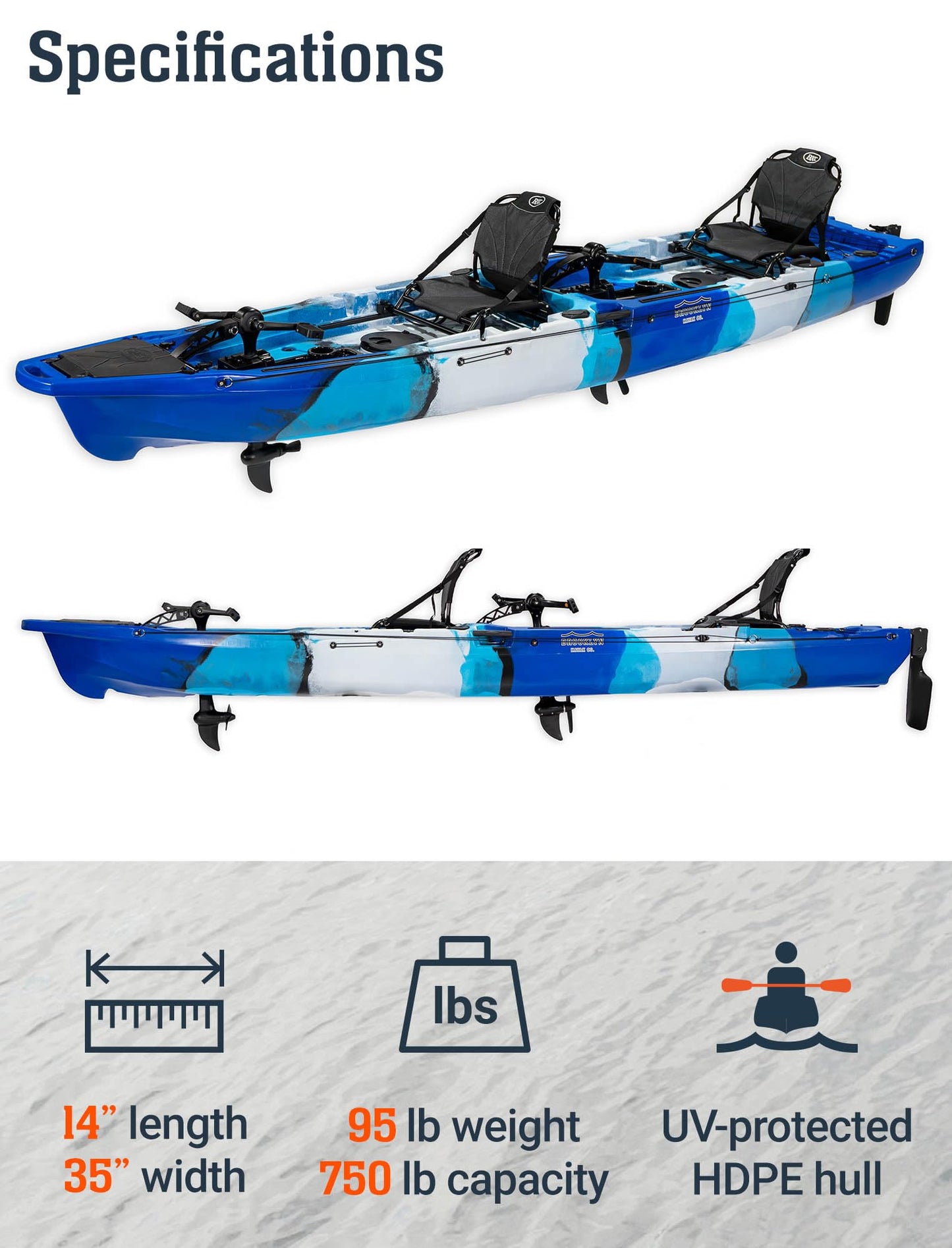 Upgraded Brooklyn 14.0 Tandem Pedal Kayak with Propeller Drive by BKC, 2-Person Sit-On-Top Fishing Kayak, Hand Rudder, Rod Holders, Large Storage, Stable 14ft Hull (Blue Typhoon)