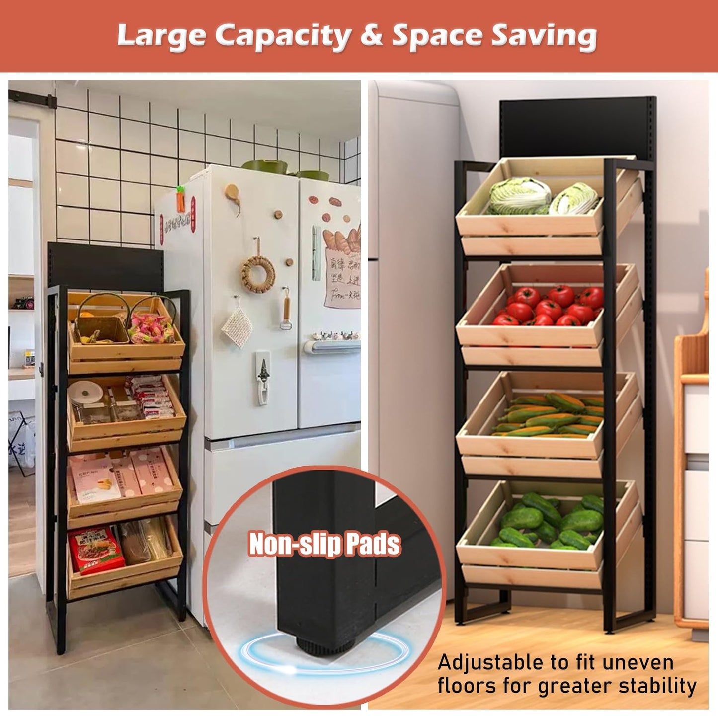 ZJKXJH 4 Tier Wood Fruit and Vegetable Basket Stand Rack, Commercial Produce Potatoes and Onions Floor Storage, Detachable Supermarket Retail Display Holder/Wine Shelf(Black Rack+Wooden Basket)