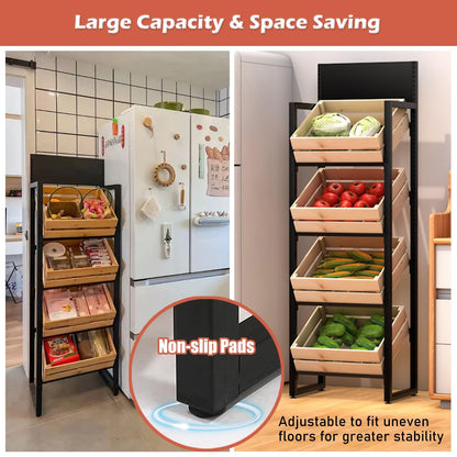 ZJKXJH 4 Tier Wood Fruit and Vegetable Basket Stand Rack, Commercial Produce Potatoes and Onions Floor Storage, Detachable Supermarket Retail Display Holder/Wine Shelf(Black Rack+Wooden Basket)