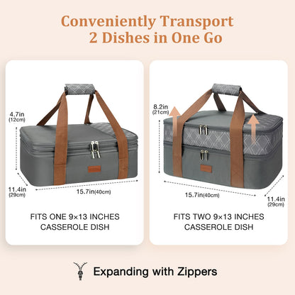 Vuudh Expandable Casserole Carrier Bag - Double Decker Food Bag, Insulated Casserole Carrier for Hot or Cold Food, Lasagna Holder Tote for Picnics,Beaches,Traveling or Gifts