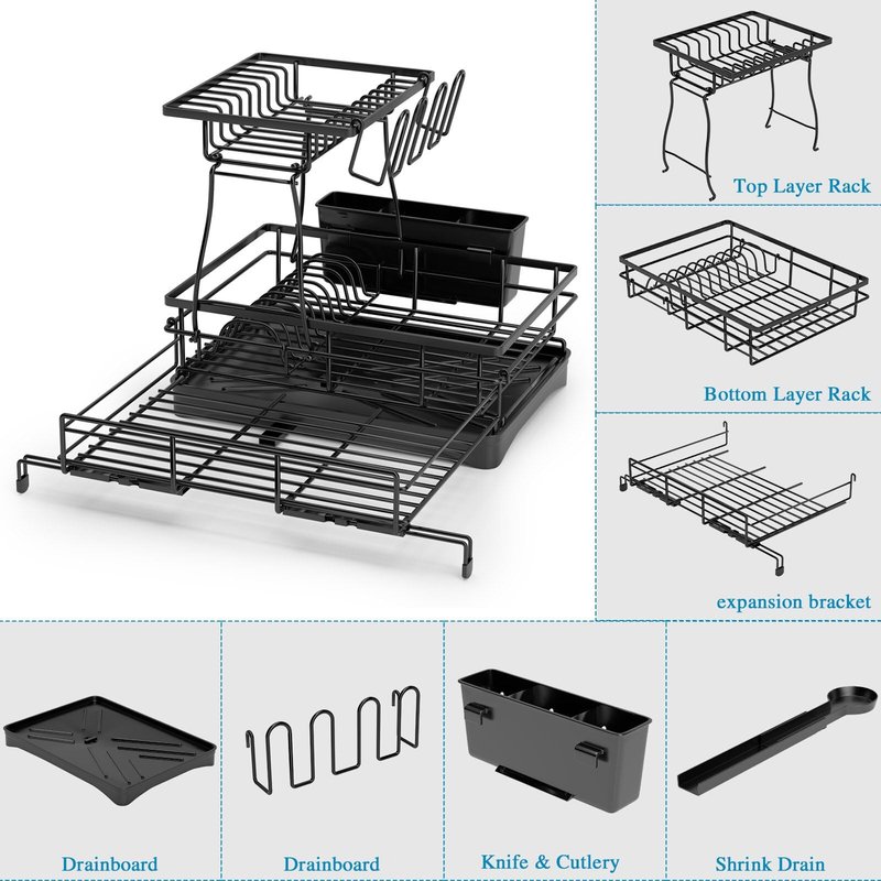 2 Tier Dish Drying Rack, Large Extendable Dish Racks for Kitchen Counter or Over Sink, Dishrack with Drainboard, 2-in-1 Anti-Rust Stainless Steel Dish Drainer with Utensil Holder & Cup Holder (Black)