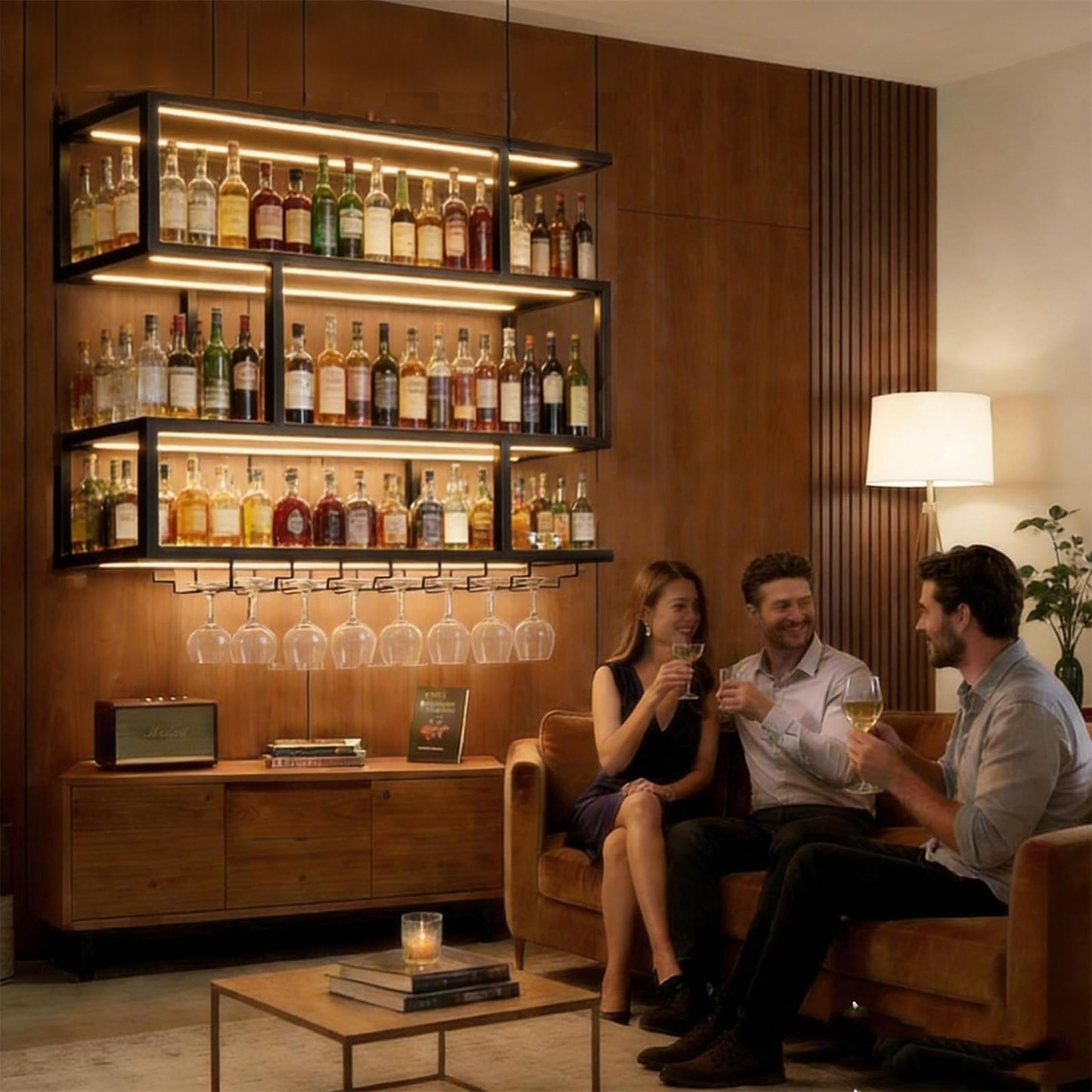 70.8IN Large Wall Mounted Wine Rack with LED Light,Metal 4 Tier Floating Wine Shelf with Glass Holder,Industrial Bar Shelf Wall Mounted Liquor Shelf Wall Mounted for Home Bar (Black 70.8in/180cm)