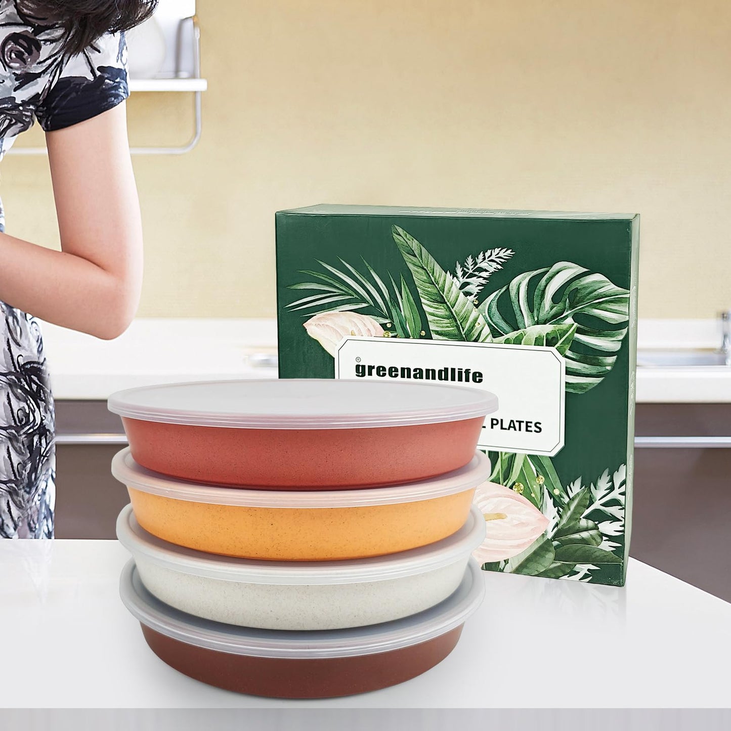 greenandlife 9 Inch 4PCS Portion Control Plates with Lids, Divided Plates for Kids Adults, Dishwasher Microwave Safe Compartment Plate Set, Unbreakable Lightweight Reusable Wheat Straw Plate, Sunset