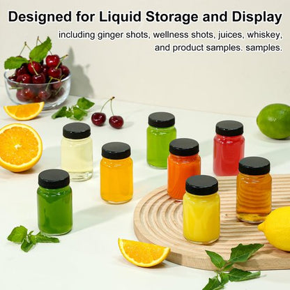 KEYWING 28 Pack 2oz Glass Shot Bottles with lids - Small Clear Jars for Ginger, Wellness Shots, Juice, Whiskey - Travel mini Reusable Wide Mouth bottles- Leakproof, Dishwasher Safe