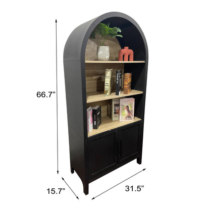 KEIKI 66.7" Tall Arched Bookshelf, Modern Bookcase with 3-Tier Storage Shelf & Cabinet, Large Wooden Open Display Book Shelves, Space-Saving Corner Book Shelf for Home Office Living Room, Black