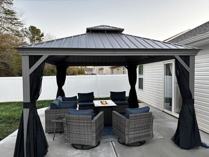 PURPLE LEAF 12' X 14' Permanent Hardtop Gazebo Galvanized Steel Double Roof Pavilion with Aluminum Frames Heavy Duty Patio Gazebo for Pool Patio Deck Garden,Netting and Curtains Included, Light Grey