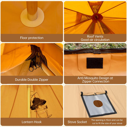 WaldZimmer Canvas Bell Tent 10ft Ginger with Stove Jack and Zipped Removable Floor, Luxury Outdoor Glamping Yurt Cotton Tent for Family Truck Car Camping Hunting Party