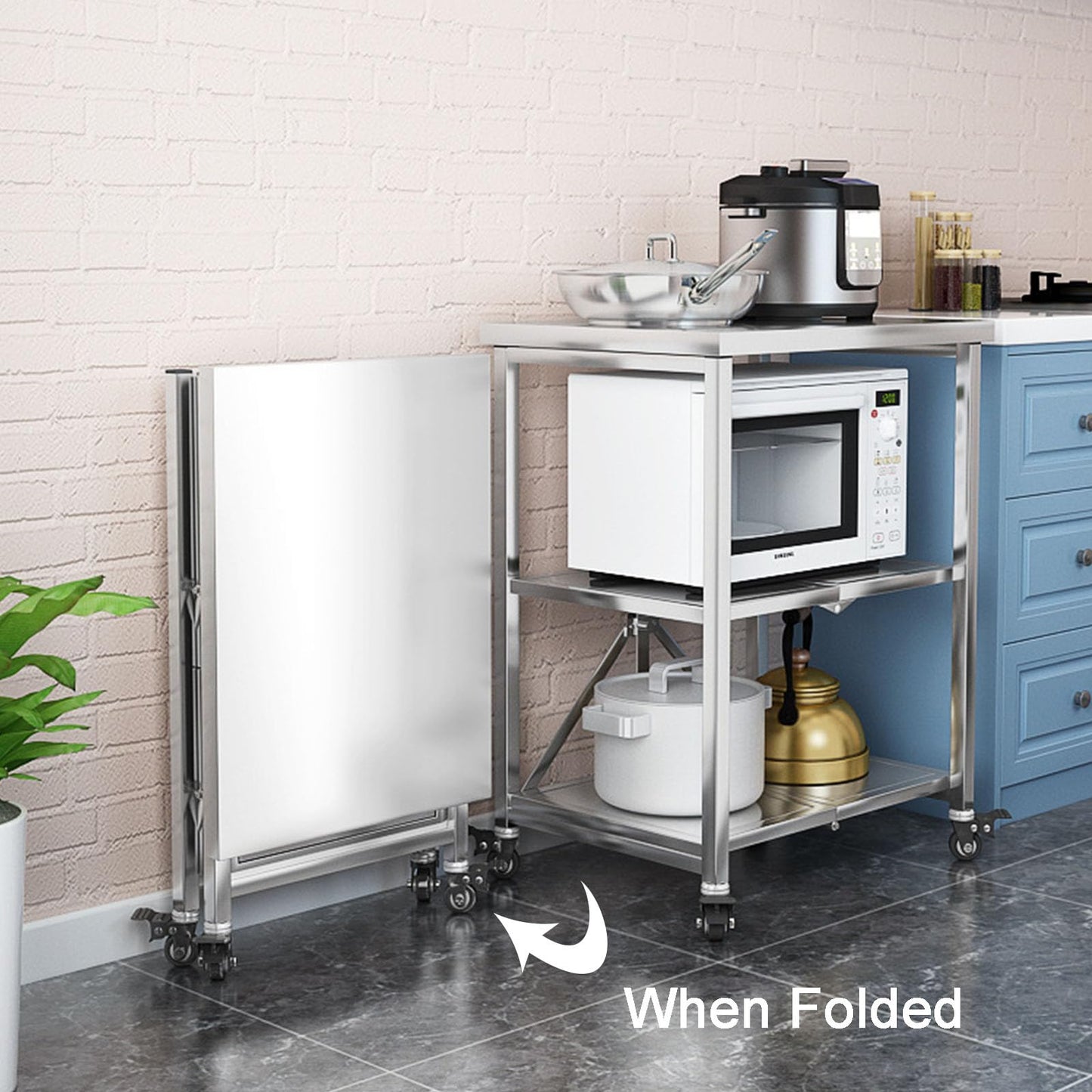EHVYBDX 3-Tier Stainless Steel Kitchen Storage Shelf with Locking Wheels - Folding Serving Trolley Rolling Catering nizer Cart for Restaurants & Hotels Heavy-Duty Kitchen Utility Cart