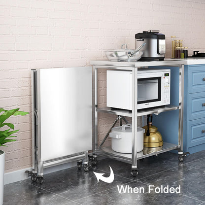 EHVYBDX 3-Tier Stainless Steel Kitchen Storage Shelf with Locking Wheels - Folding Serving Trolley Rolling Catering nizer Cart for Restaurants & Hotels Heavy-Duty Kitchen Utility Cart