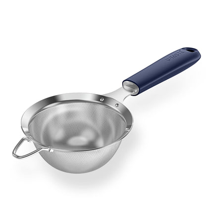 18/8 Stainless Steel Mesh Strainer: U-Taste 3.9 Inch Kitchen Fine Mesh Sieve Food Colander with Riveted Sturdy Silicone Handle and 30 Mesh Hole for Straining Flour, Quinoa, Tea, Juice (Midnight Blue)