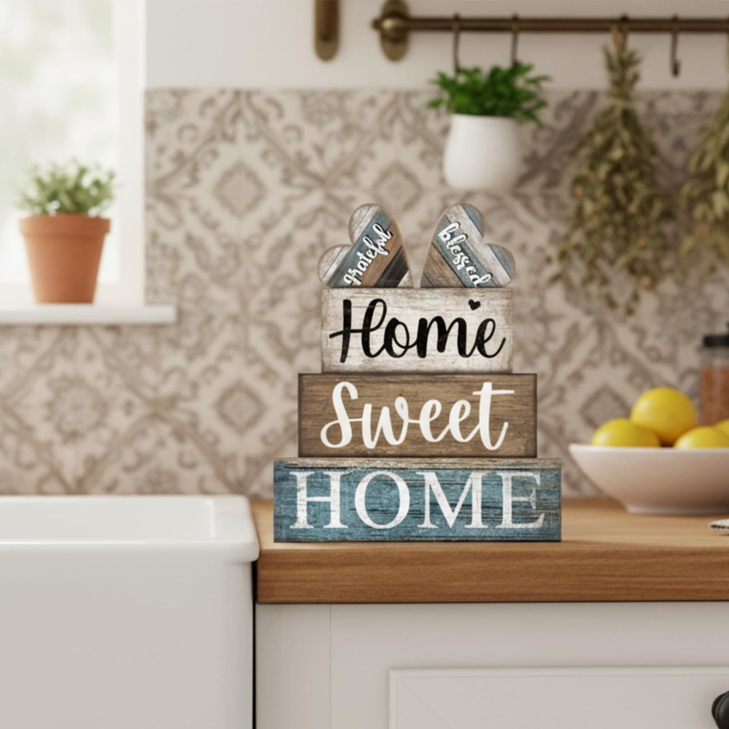 CroBlissful 4 Pcs Farmhouse Wooden Tabletop Decor Sweet Home Tiered Tray Decor Rustic Heart Shaped Centerpiece Farmhouse Block Sign Housewarming Gifts for Home Kitchen Table Shelf Mantel Decoration