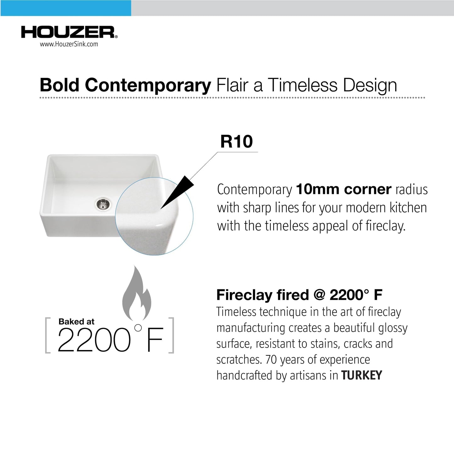 Houzer PTS-2600 WH Platus 26 Inch Fireclay Apron Front Kitchen Sink, Farmhouse Style, Single Bowl, Non Porous Surface Impervious to Cracks and Chips, White