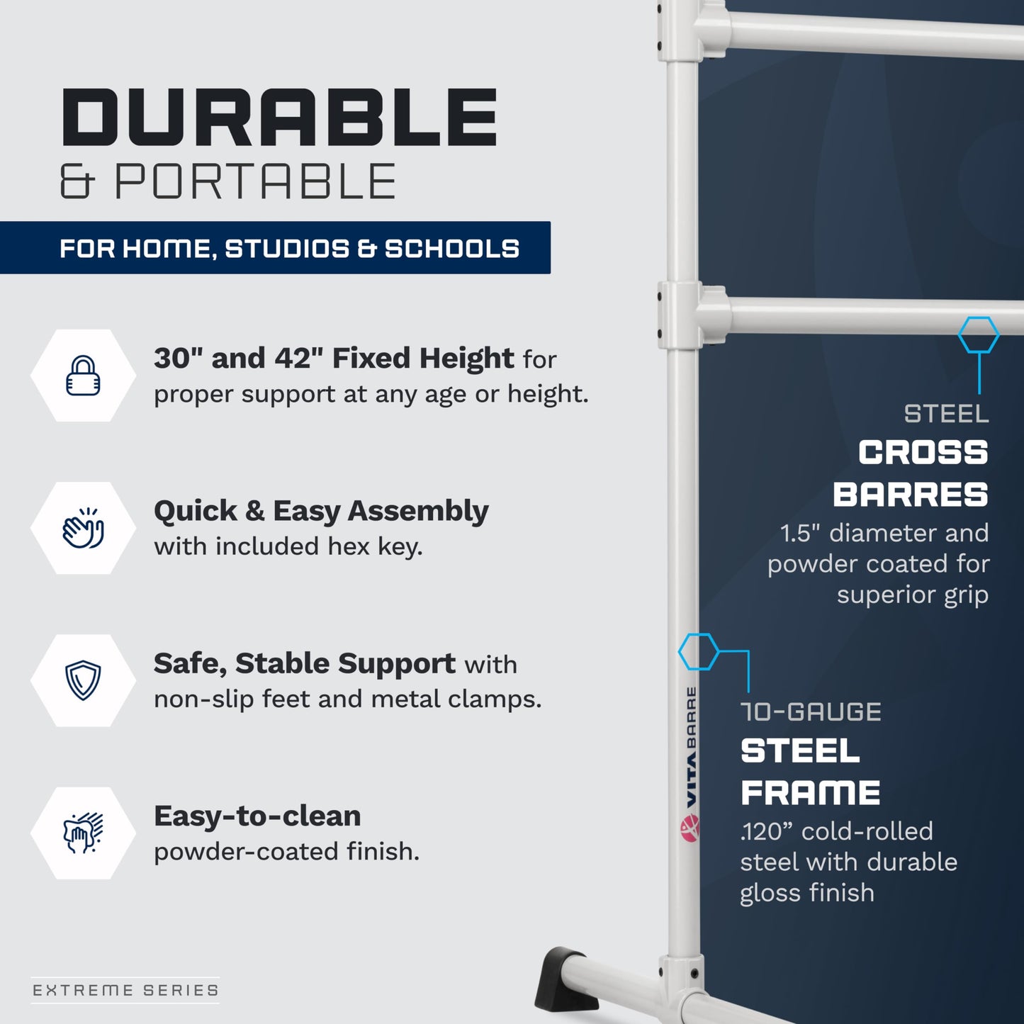 VITA Barre Portable Freestanding Double Ballet Barre, Extreme, 7 Ft Bars, Satin Silver, Steel | Fixed Height, Made in USA, Home or Gym Exercise Equipment for Kids & Adults | Dance, Fitness, Pilates