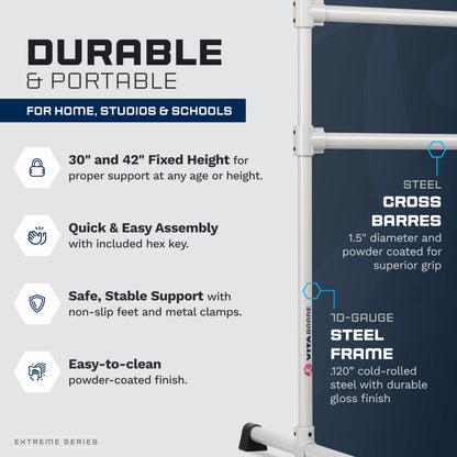 VITA Barre Portable Freestanding Double Ballet Barre, Extreme, 7 Ft Bars, Satin Silver, Steel | Fixed Height, Made in USA, Home or Gym Exercise Equipment for Kids & Adults | Dance, Fitness, Pilates