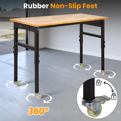 70" Adjustable Workbench with Power Outlet, 2000LBS Capacity Solid Rubber Wood Top & Thickened Steel Legs, 8-Levels Adjustable Heigh Work Table, Easy Assembly for Garage, Workshop, Home