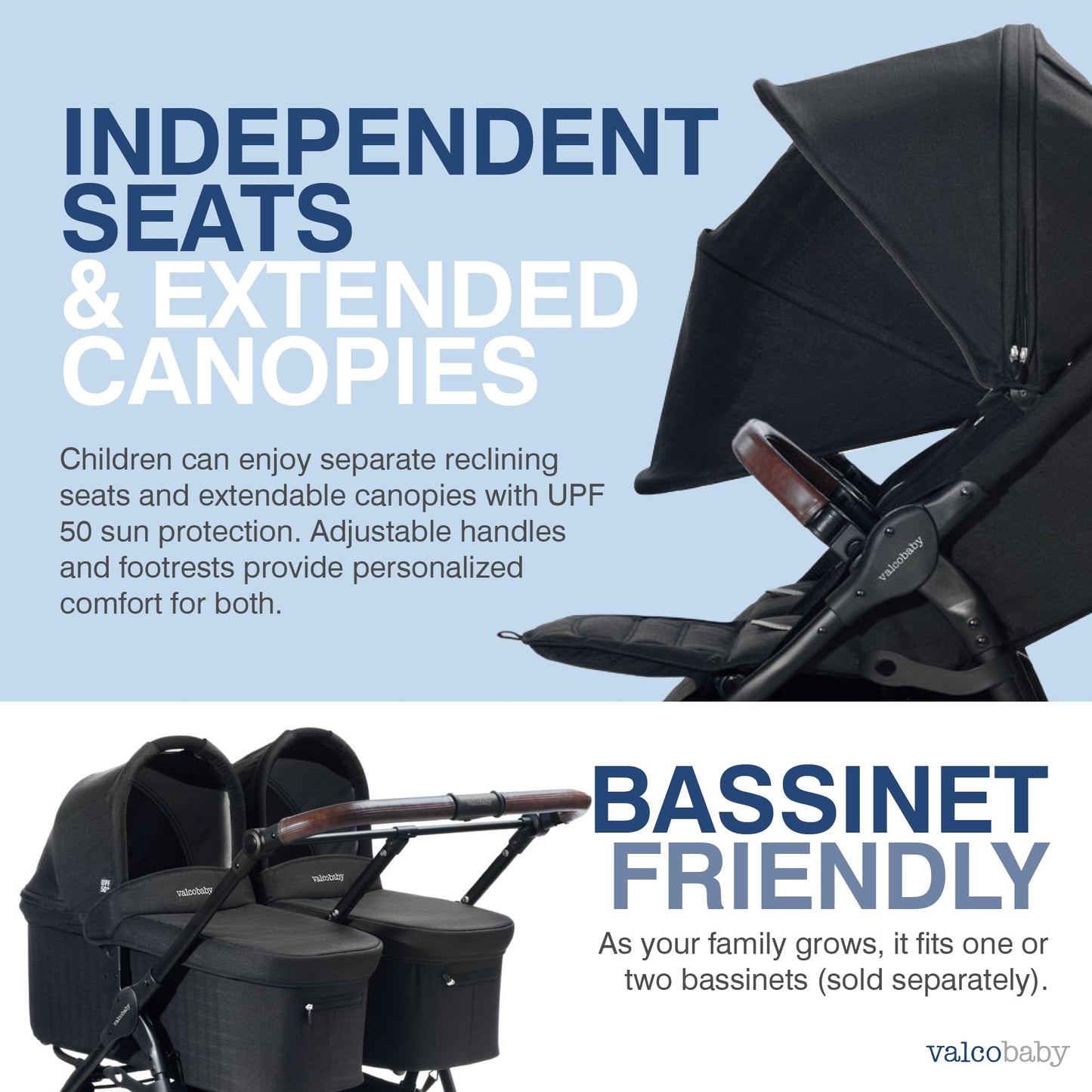 Valco Baby - Trend Duo Double - Side by Side Double Stroller for Newborn and Toddler - Easy Compact Fold, Multi-Position Recline, Large Canopy Infant Twin Stroller 2025 (Night Black)