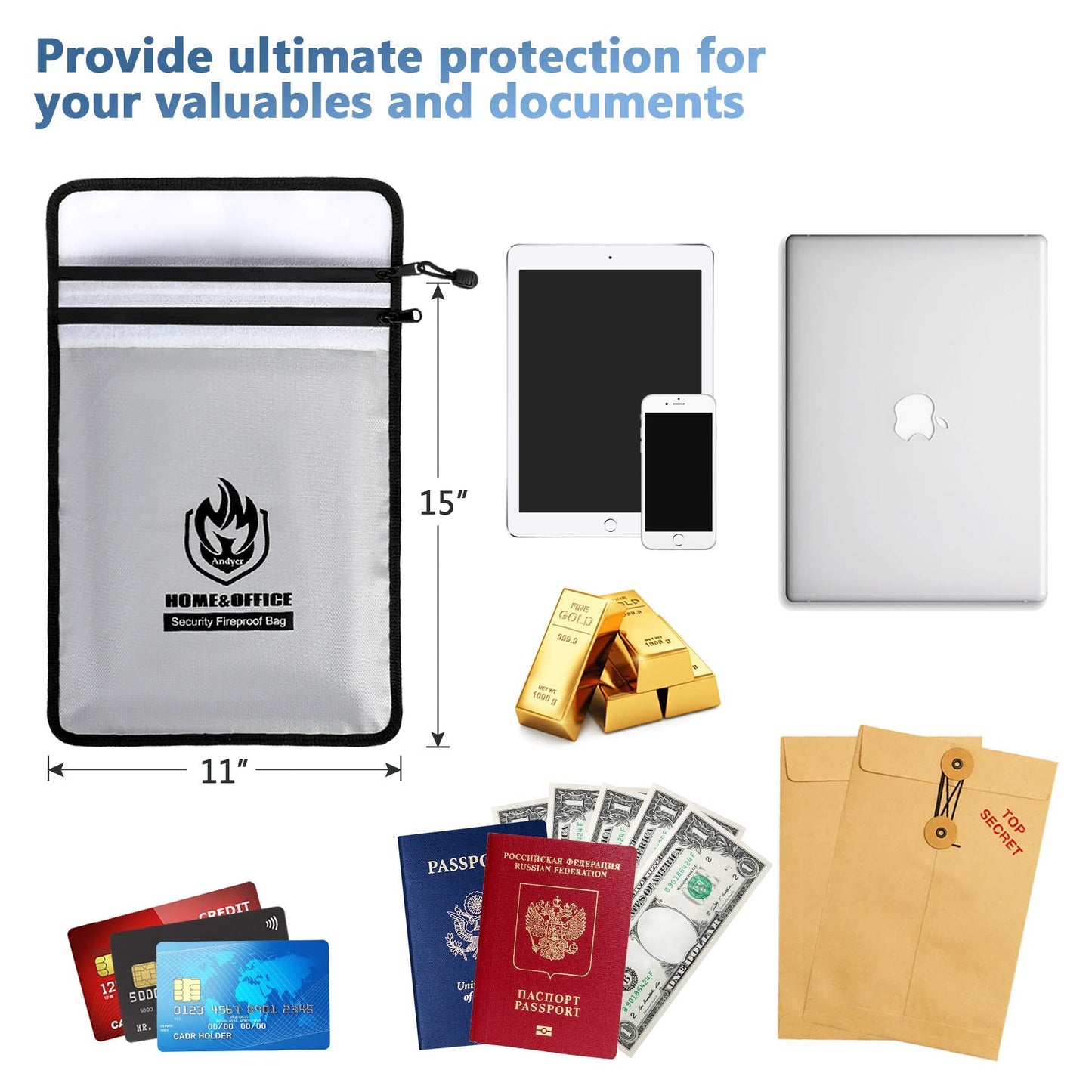 Upgraded Two Pockets Fireproof Document Bag (2000℉), andyer 15”x 11”Waterproof Fireproof Money Bag for Cash with Zipper, Important Document Storage Organizer for Valuables, Legal Documents Safe