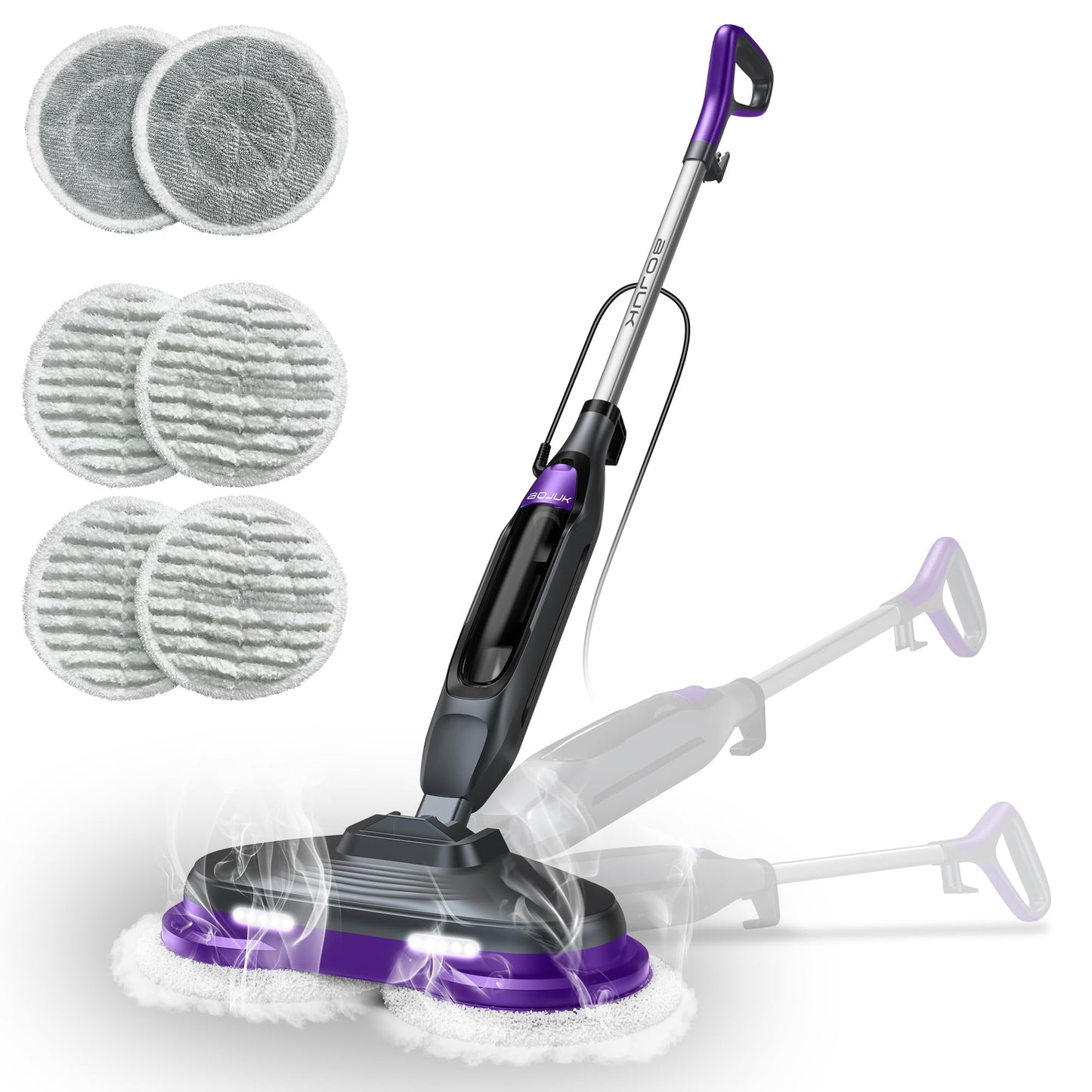 BOJUK Scrub & Steam Mop with Rotating Mop Pads, 4 Cleaning Modes & LED Headlights, 6 Scrub Pads, Large Tank, Swivel Steering, All-in-One Hard Floor Cleaner